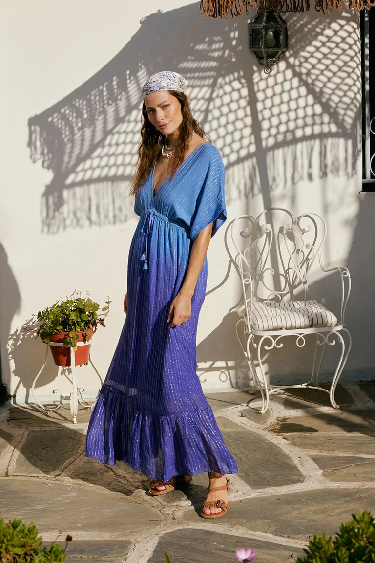 Vestido holgado de escote en V y manga caída con volados en la parte inferior de Indiastyle en Vestidos para argentina