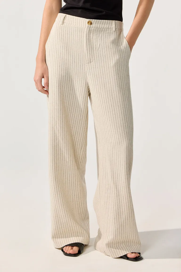 Pantalón de lino rayado con tiro alto y calce recto para mujer de Cuesta Blanca en Pantalones para argentina
