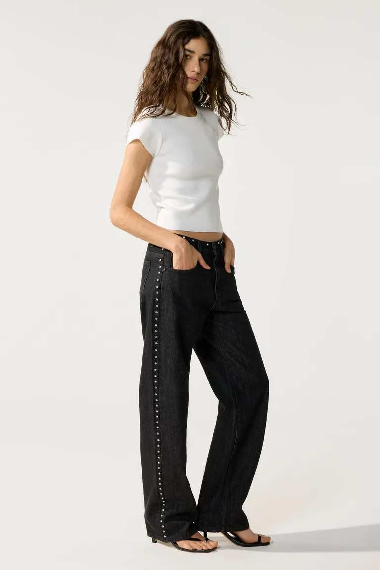 Pantalón de denim recto con detalles de strass blancos de Cuesta Blanca en Pantalones para argentina