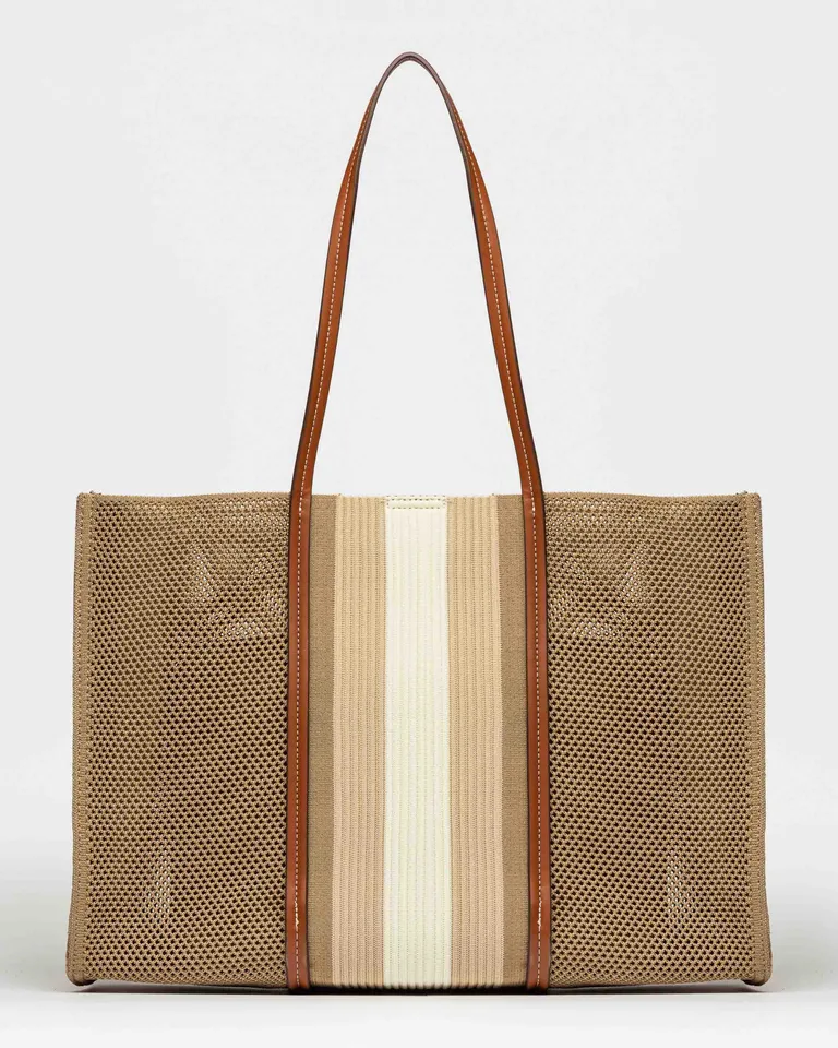 Bolso shopper a rayas en material único y especial con detalles de cuero vegetal de Prüne en Bolsos y Carteras para argentina