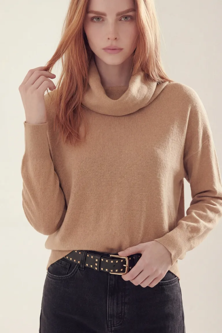 Sweater femenino con cuello volcado y mangas largas de corte clásico de Akiabara en Buzos y Sweaters para argentina