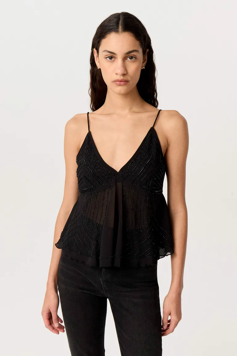 Top en gasa negro con detalles bordados en mostacillas de Markova en Tops para argentina