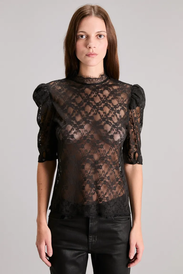 Top de encaje negro con mangas abuchonadas y detalles en la espalda de Kosiuko en Tops para argentina