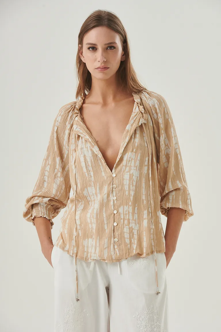 Blusa con escote con lazo y mangas 3/4 en tela con hilos de lurex de Sweet en Blusas para argentina