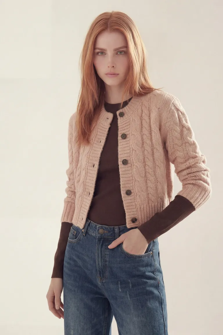 Cardigan corto tejido con frente abotonado y diseño de ochos de Akiabara en Buzos y Sweaters para argentina