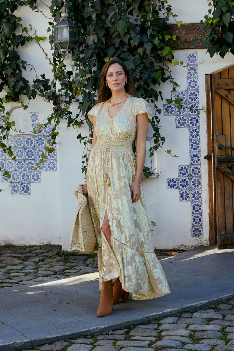 Vestido largo y bordado de manga corta con escote en V y cintura elastizada de Indiastyle en Vestidos para argentina
