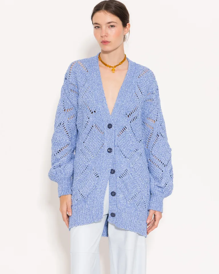 Cardigan de tejido grueso multicolor con mangas bombé y abotonado frontal de Jazmin Chebar en Buzos y Sweaters para argentina