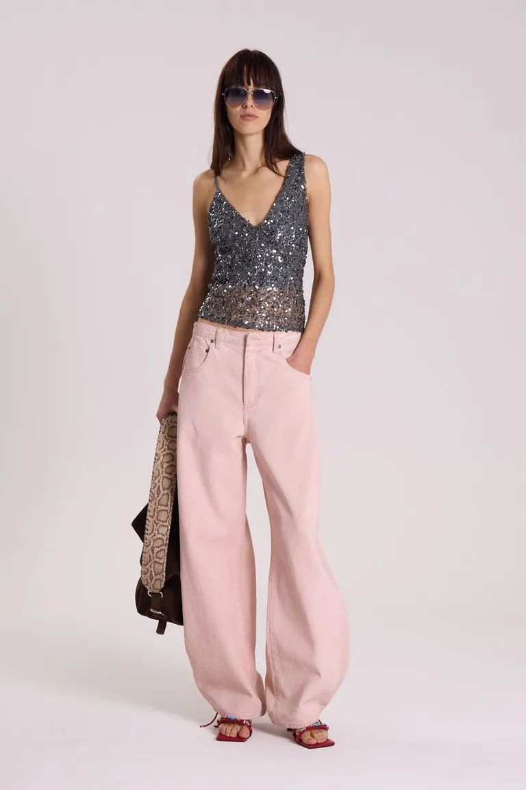 Top sin mangas con destellos de lentejuelas, corte holgado y escote en V de Maria Cher en Tops para argentina