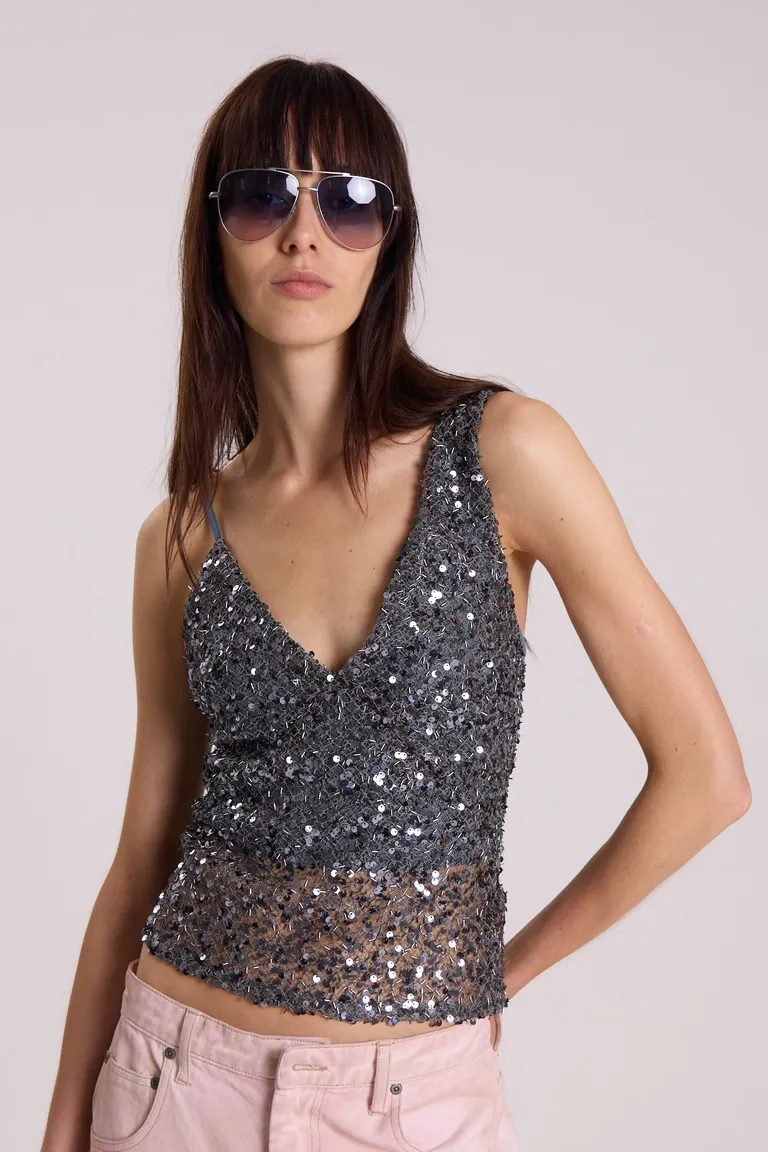 Top sin mangas con destellos de lentejuelas, corte holgado y escote en V de Maria Cher en Tops para argentina