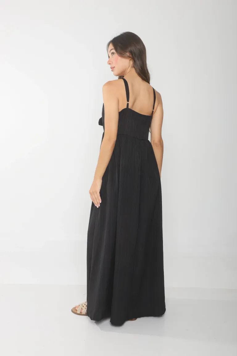 Vestido de seda negro con escote en V y moño central de Belle en Vestidos para argentina