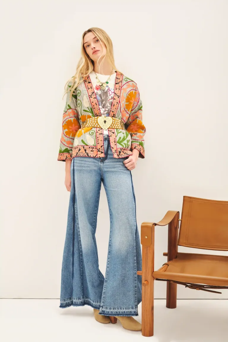 Saco corto tipo kimono con estampados y bordado gudri en algodón de Rapsodia en Kimonos para argentina