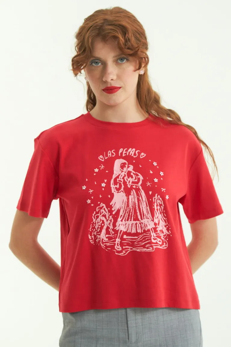 Remera de algodón con estampado exclusivo y detalles bordados en lentejuelas de Las Pepas en Remeras para argentina
