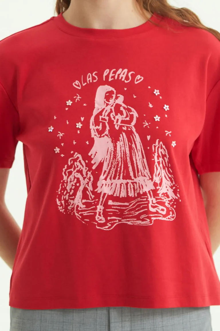Remera de algodón con estampado exclusivo y detalles bordados en lentejuelas de Las Pepas en Remeras para argentina