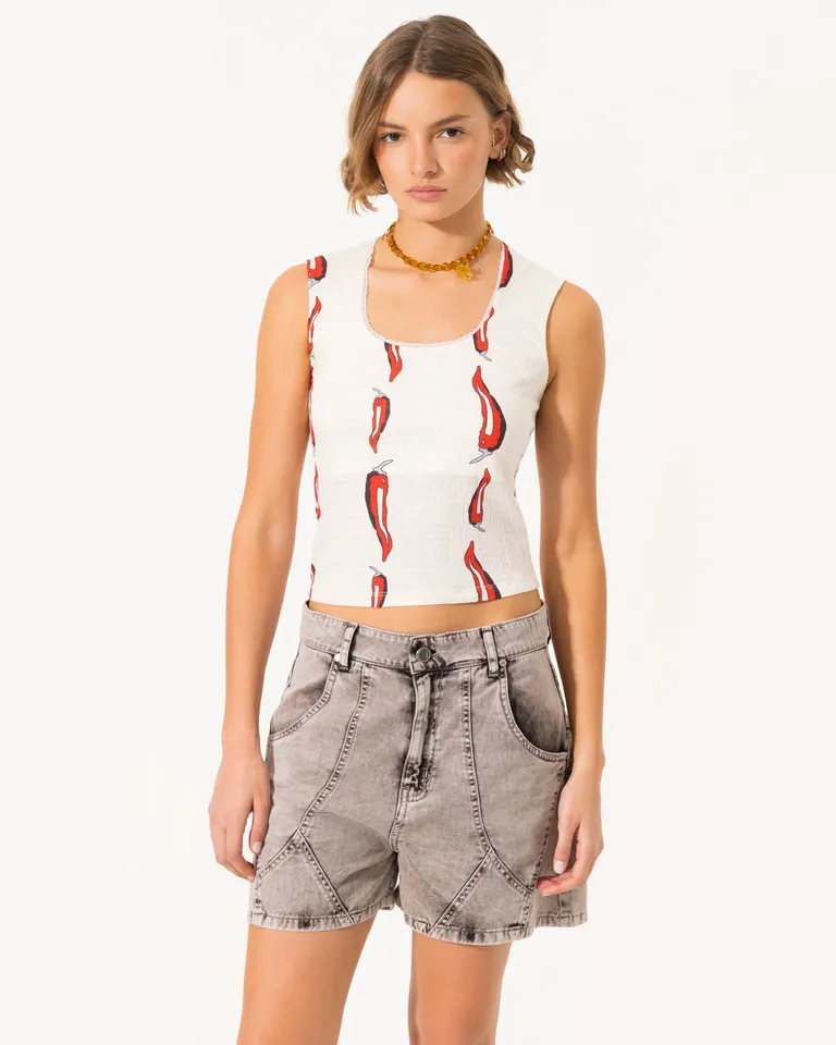 Musculosa estampada de corte ajustado con escote redondo y puntilla decorativa de Jazmin Chebar en Tops para argentina