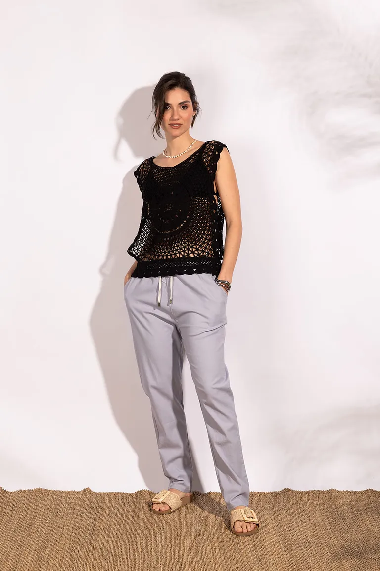 Top tejido de algodón estilo crochet en color negro con corte holgado hasta la cadera de Indiastyle en Tops para argentina