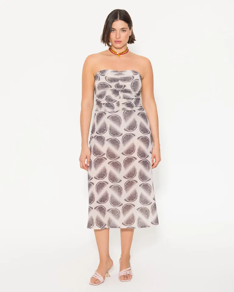 Vestido estampado sin tirantes con frunces en el delantero y cierre metálico en la espalda de Jazmin Chebar en Vestidos para argentina