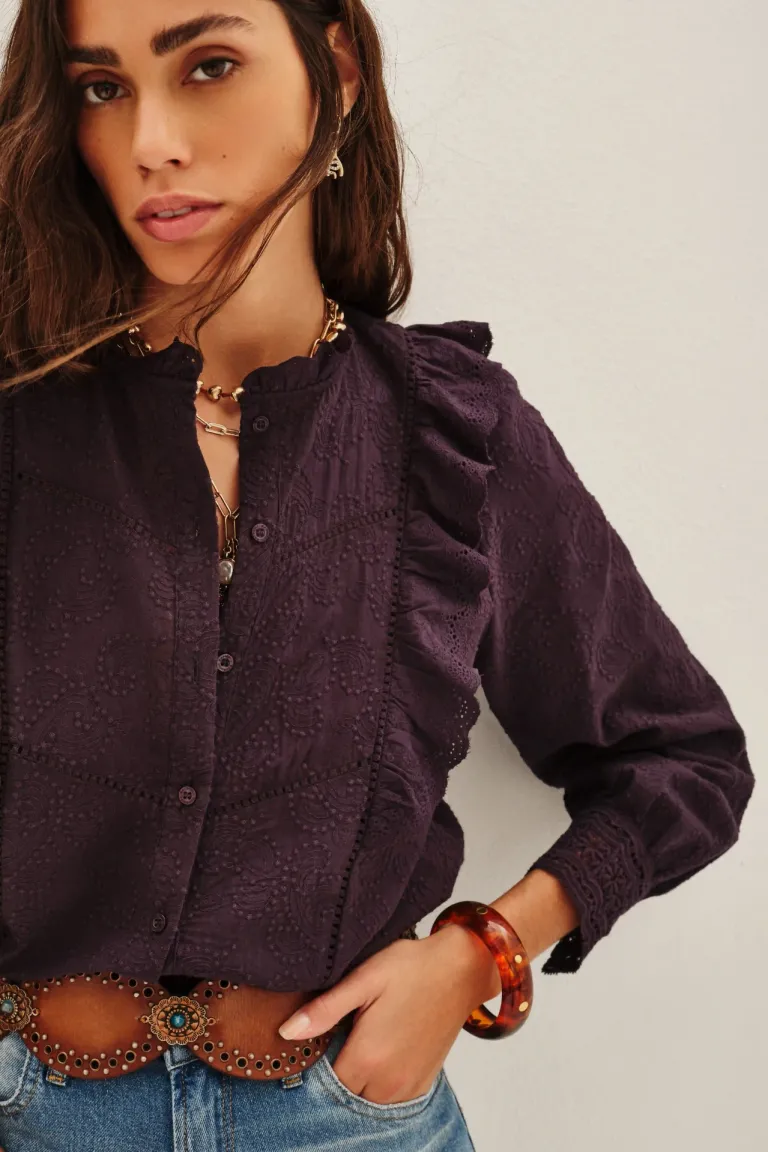 Camisa de mujer con volados y cuello mao de manga larga con puños de Rapsodia en Camisas para argentina