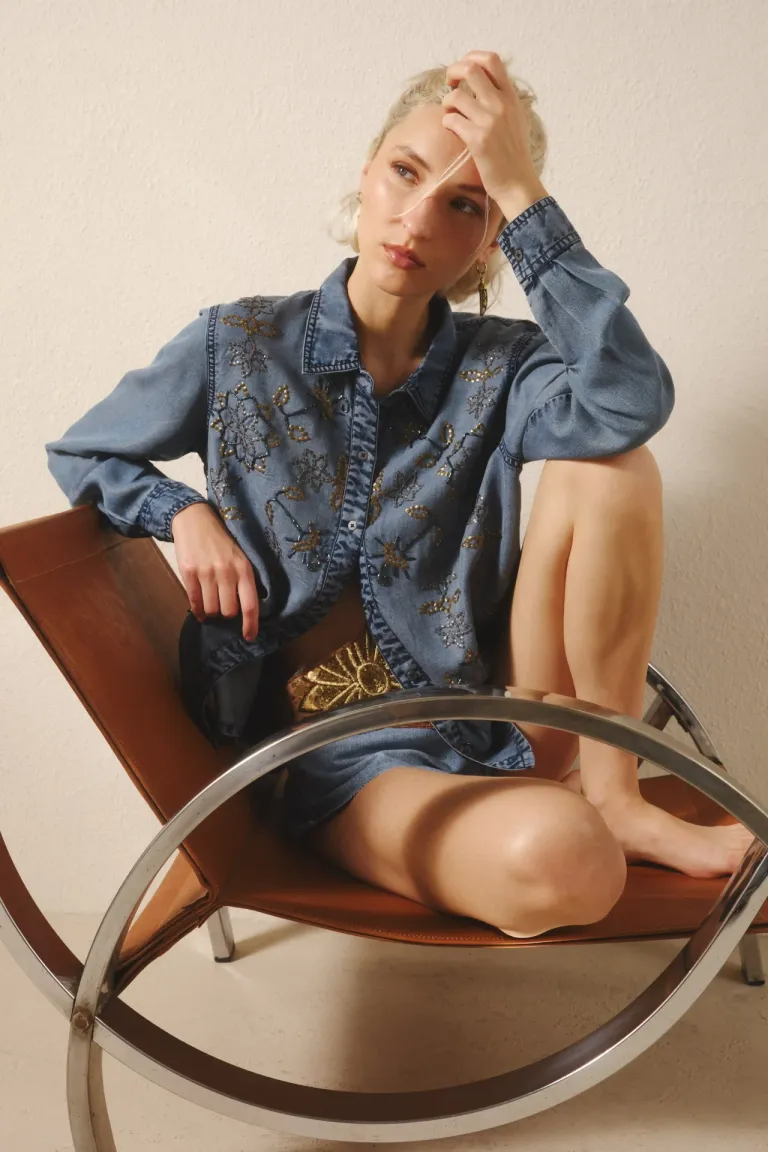 Camisa de Corte Recto con Bordado de Lentejuelas en Tencel de Rapsodia en Camisas para argentina