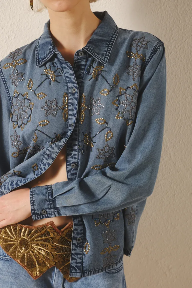 Camisa de Corte Recto con Bordado de Lentejuelas en Tencel de Rapsodia en Camisas para argentina
