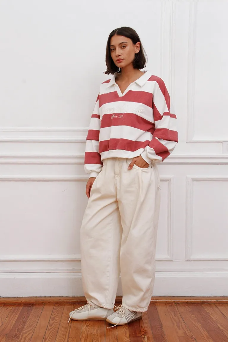 Buzo oversize de rayas horizontales con cuello polo y detalles bordados al frente de Sofia Sarkany en Buzos y Sweaters para argentina