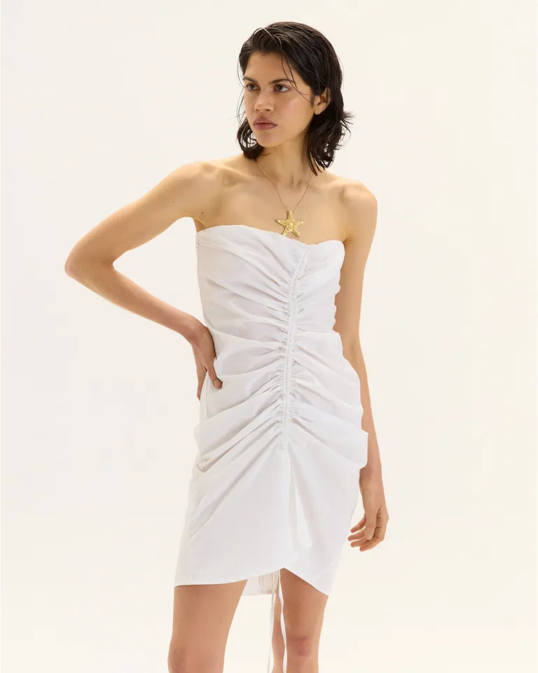 Vestido Blanco Fruncido de Manga Corta para Mujer de Blue Sheep en Vestidos para argentina