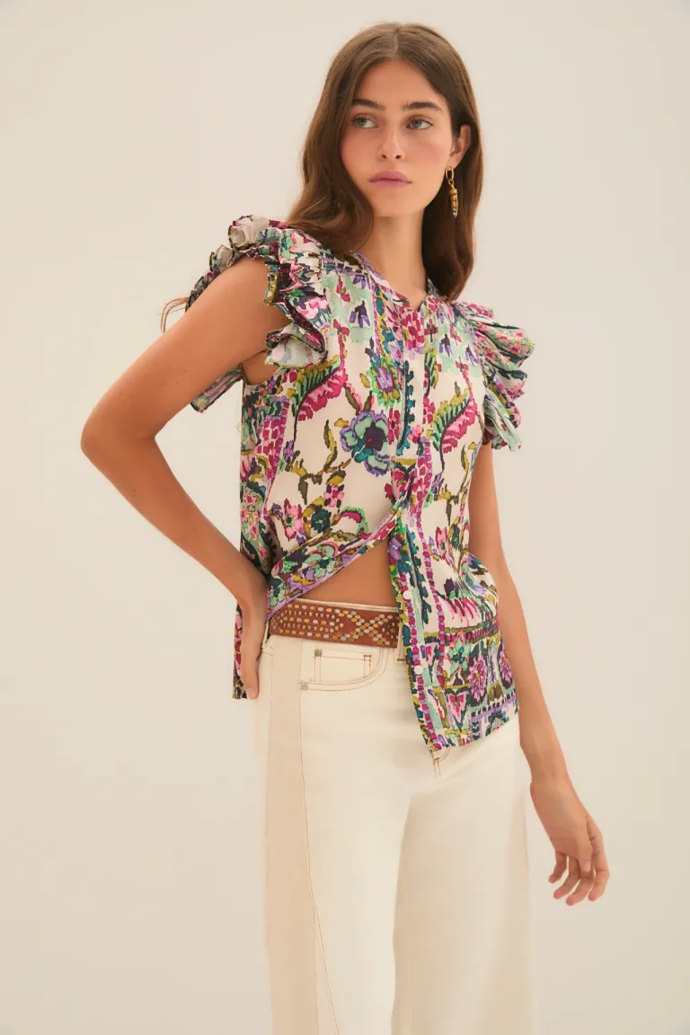 Camisa estampada con volantes en las mangas - Diseño versátil y femenino de Rapsodia en Camisas para argentina