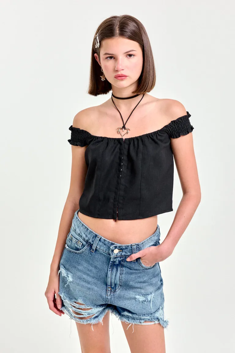 Top negro de escote redondo y hombros descubiertos para mujer de 47 Street en Tops para argentina