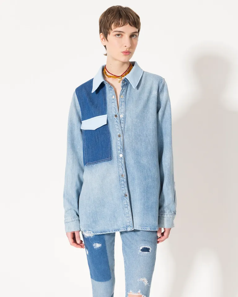 Camisa parche denim con detalles en cuero, una prenda con estilo rocker para mujeres de Jazmin Chebar en Camisas para argentina