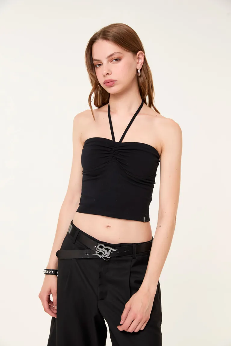 Top corto de algodón con frunces y tiras para atar al cuello, diseño fresco y versátil de 47 Street en Tops para argentina