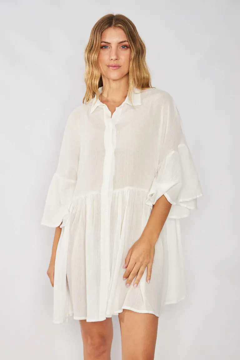 Camisola lino ghandi blanca, de corte amplio y mangas voladas de Belle en Vestidos para argentina