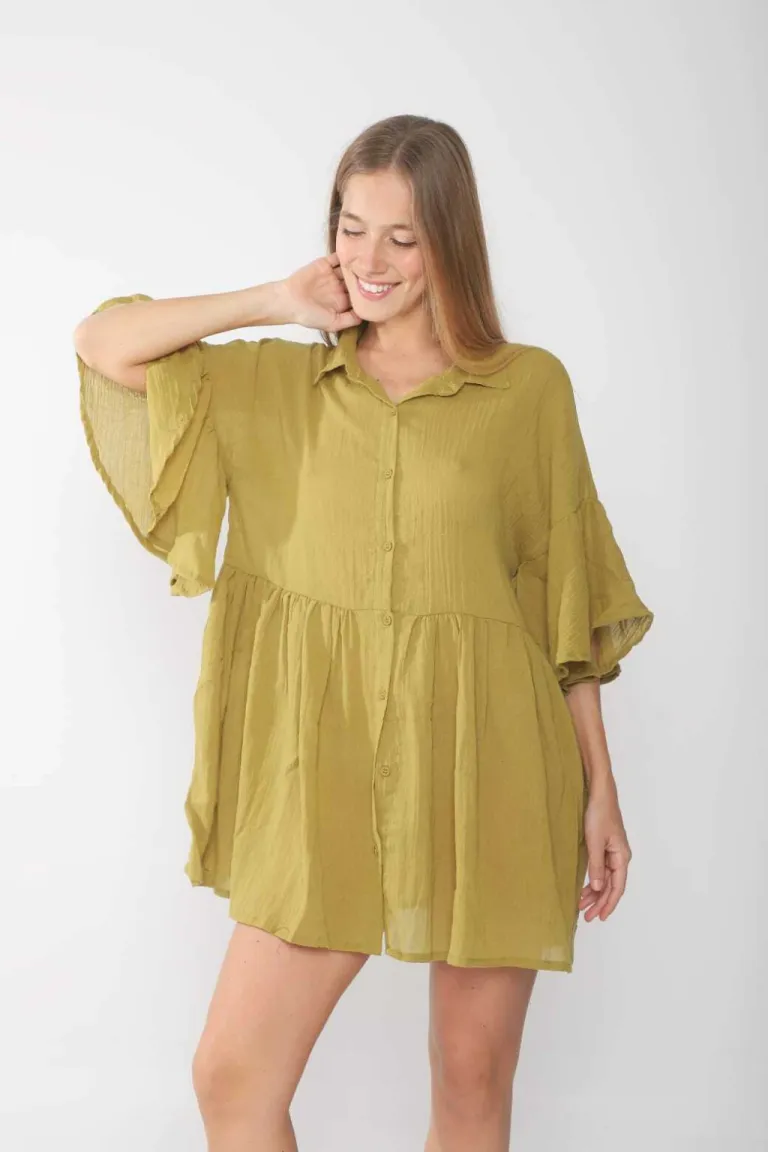 Camisola lino ghandi blanca, de corte amplio y mangas voladas de Belle en Vestidos para argentina