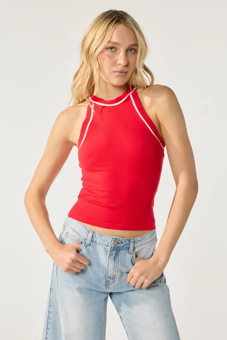 Top sin mangas de corte haltter con acentos en blanco de Cuesta Blanca en Tops para argentina