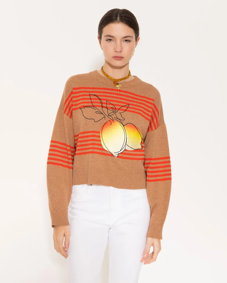 Sweater con bordado naranja, diseño elegante y de corte relajado de Jazmin Chebar en Buzos y Sweaters para argentina