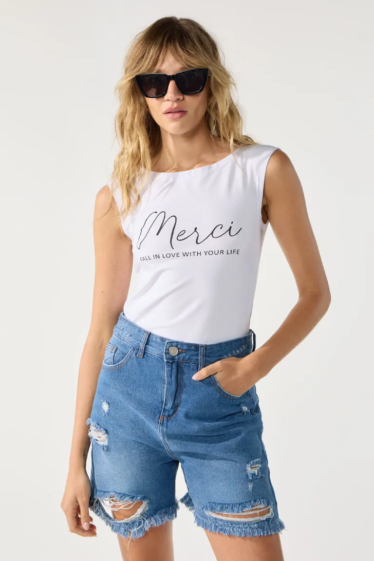 Remera de algodón con estampado gráfico 'Merci' para dama de Cuesta Blanca en Remeras para argentina
