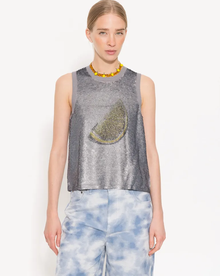Top sin mangas con detalles de lentejuelas en tejido mesh gris de Jazmin Chebar en Tops para argentina