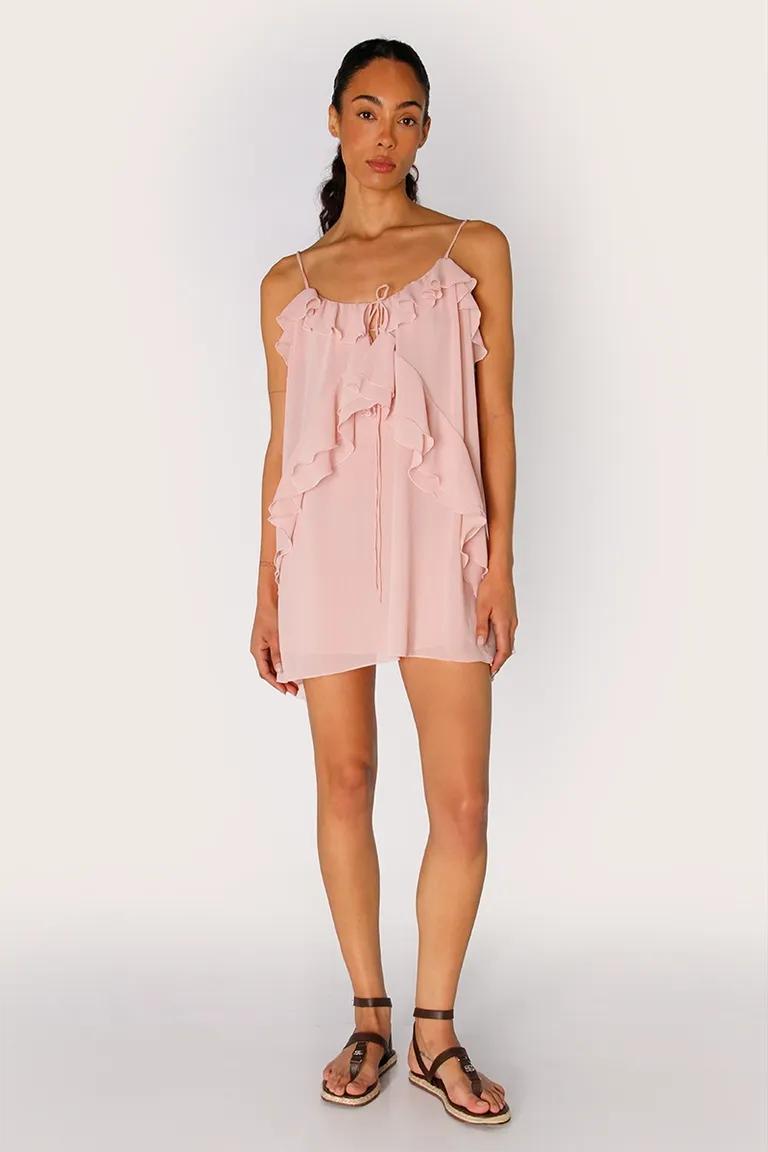 Vestido de seda rosa con volados en busto y bajo busto de Sofia Sarkany en Vestidos para argentina