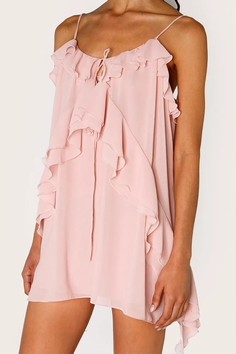 Vestido de seda rosa con volados en busto y bajo busto de Sofia Sarkany en Vestidos para argentina