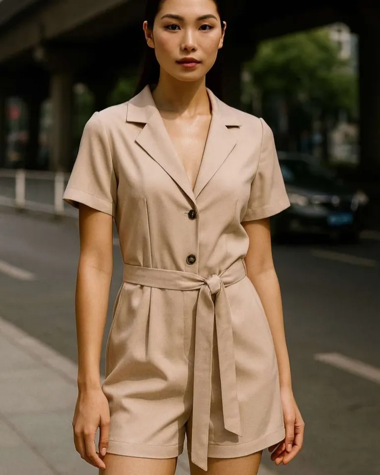 Mono corto de gabardina sastrera con solapa y bolsillos con lazo de Hesed en Monos para argentina