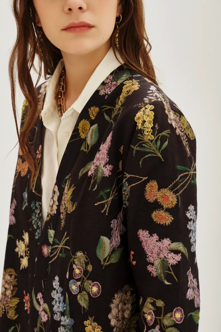 Saco abierto largo con estampa floral detallada y bordado decorativo en el frente y mangas de Rapsodia en Blazers para argentina
