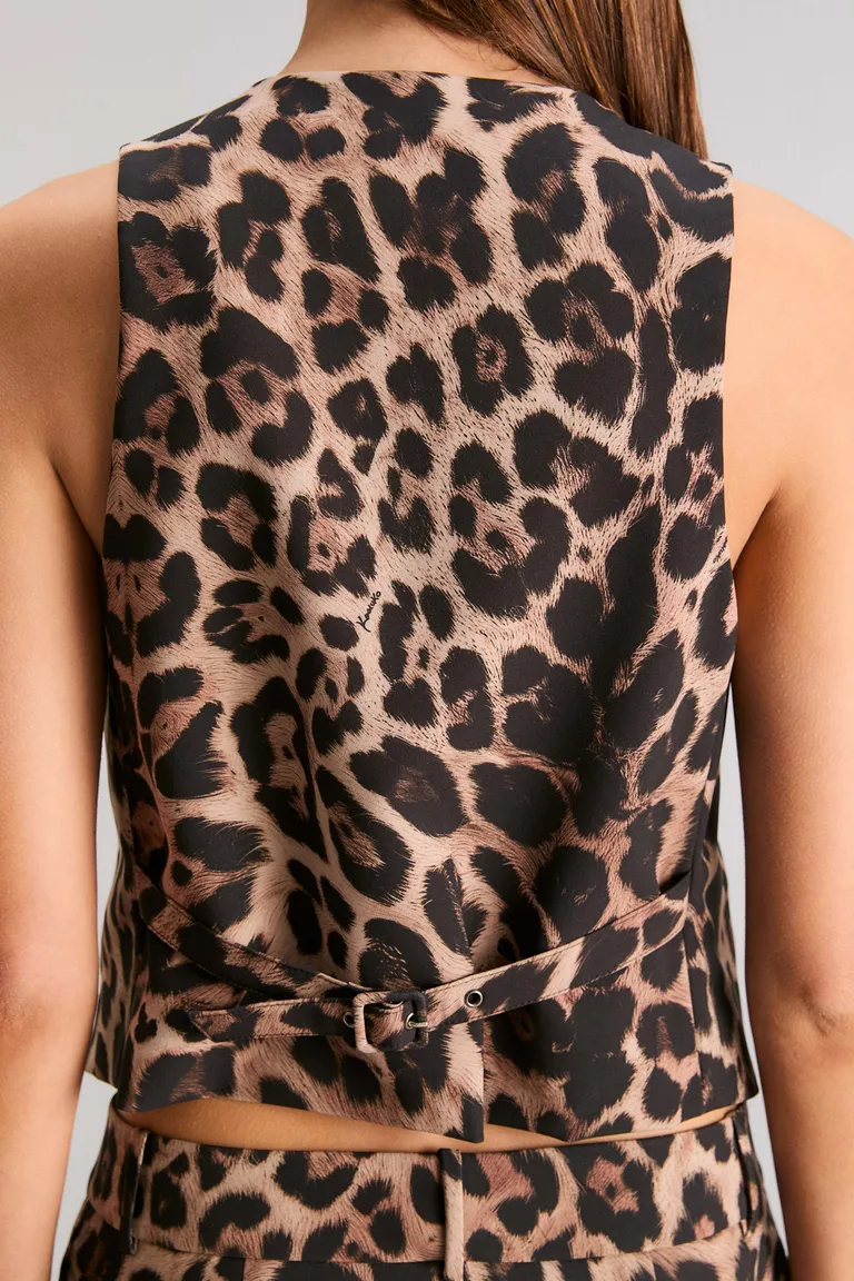 Chaleco Estampado de Leopardo con Corte Ajustado y Cinturón en la Espalda de Kosiuko en Chalecos para argentina