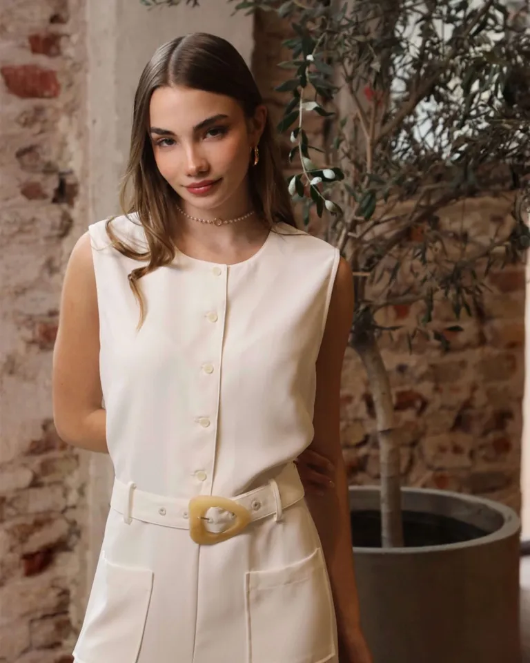 Mono crep sastrero blanco sin mangas con bolsillos y cinturón de Hesed en Monos para argentina