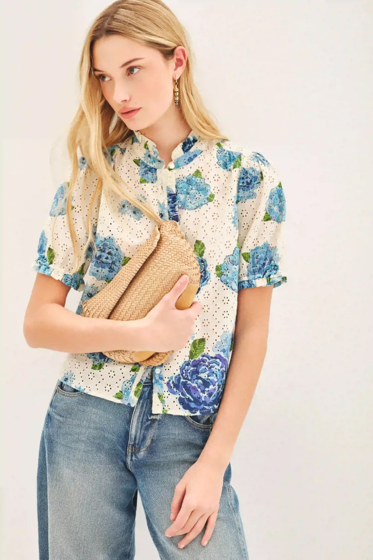 Camisa floral de algodón con volados en cuello y mangas de Rapsodia en Camisas para argentina