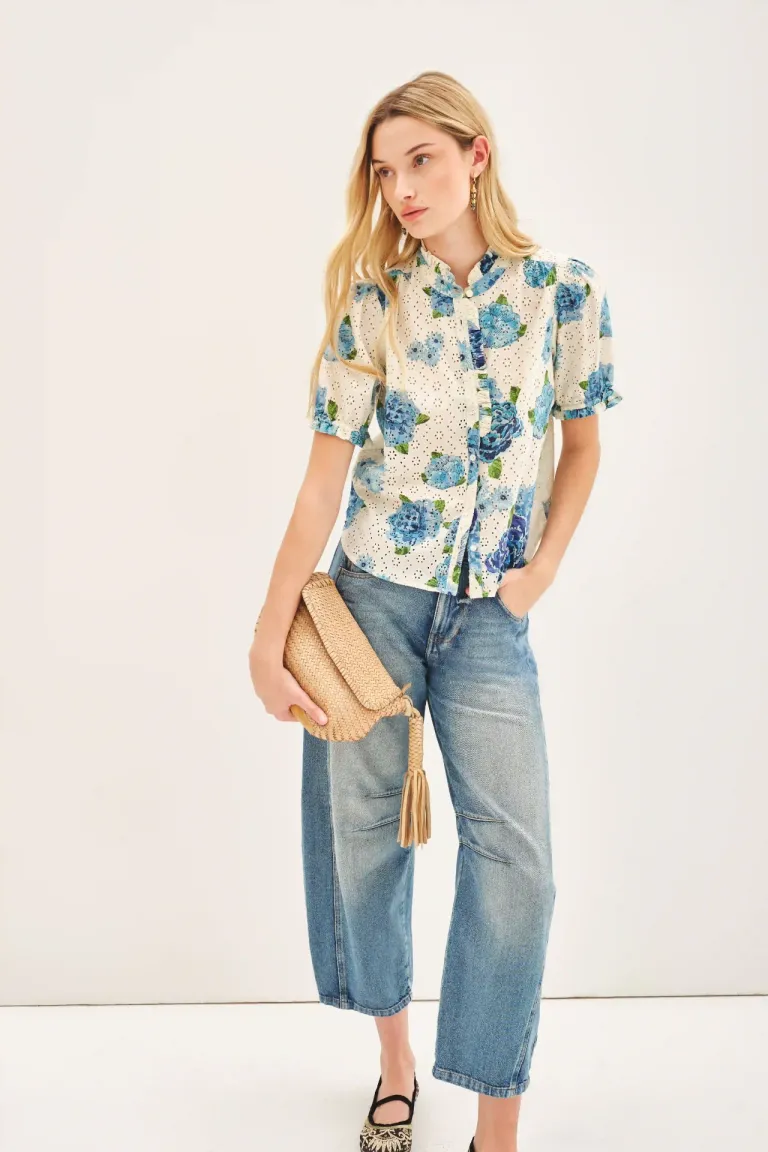 Camisa floral de algodón con volados en cuello y mangas de Rapsodia en Camisas para argentina