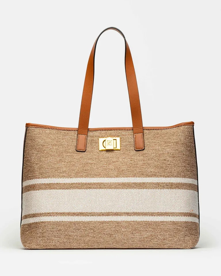 Bolso de mano de textil natural y efecto cuero vegetal con lock marcario en bronce de Prüne en Bolsos y Carteras para argentina