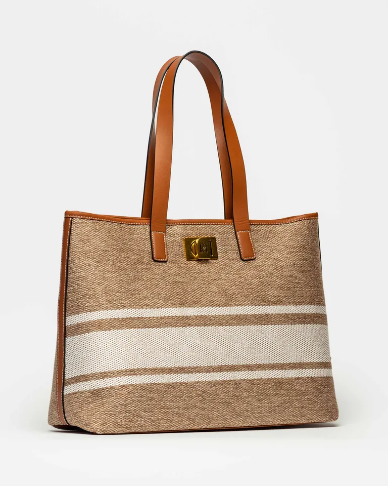 Bolso de mano de textil natural y efecto cuero vegetal con lock marcario en bronce de Prüne en Bolsos y Carteras para argentina