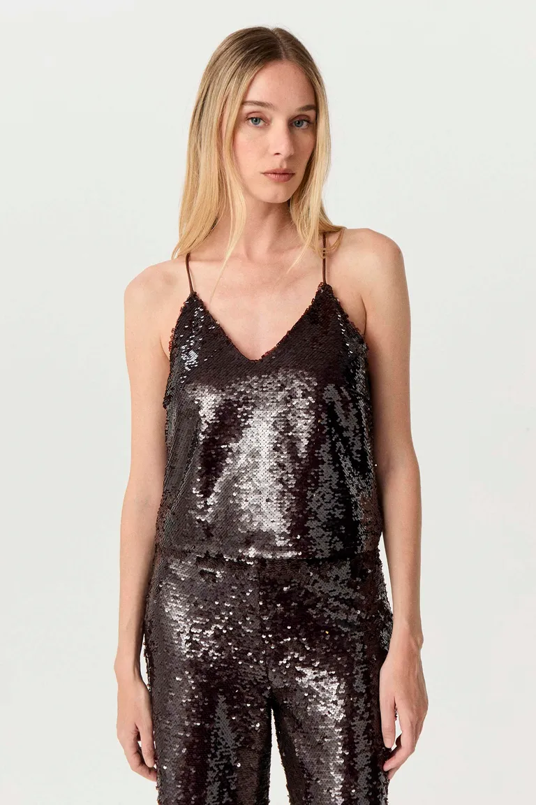 Top de lentejuelas con escote en V y tirantes ajustables de Markova en Tops para argentina