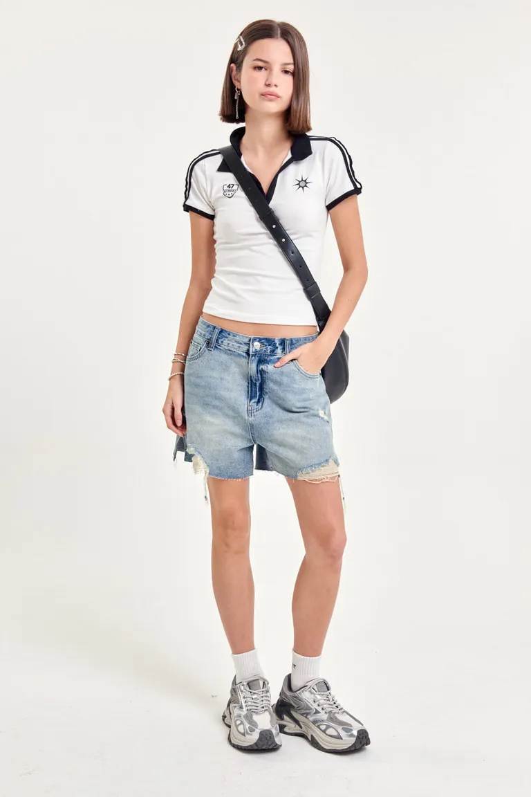 Shorts vaqueros de tiro medio con diseño relajado y roturas en azul desgastado de 47 Street en Shorts para argentina