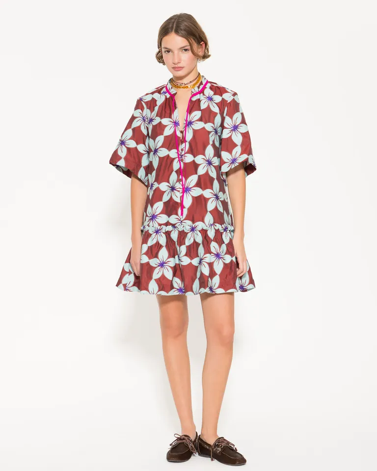 Túnica Honolulu de Estampado Floral con Cuello Mao y Volado en la Cadera de Jazmin Chebar en Túnicas para argentina
