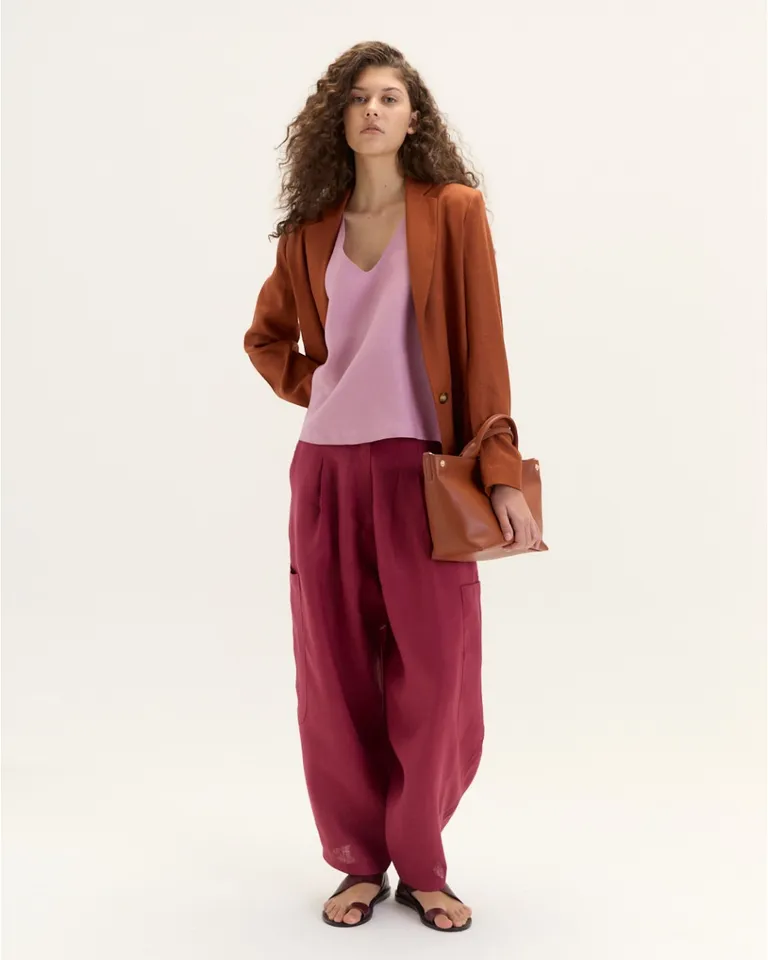 Suéter de lino de corte evasé con escote en V y breteles anchos de Blue Sheep en Tops para argentina