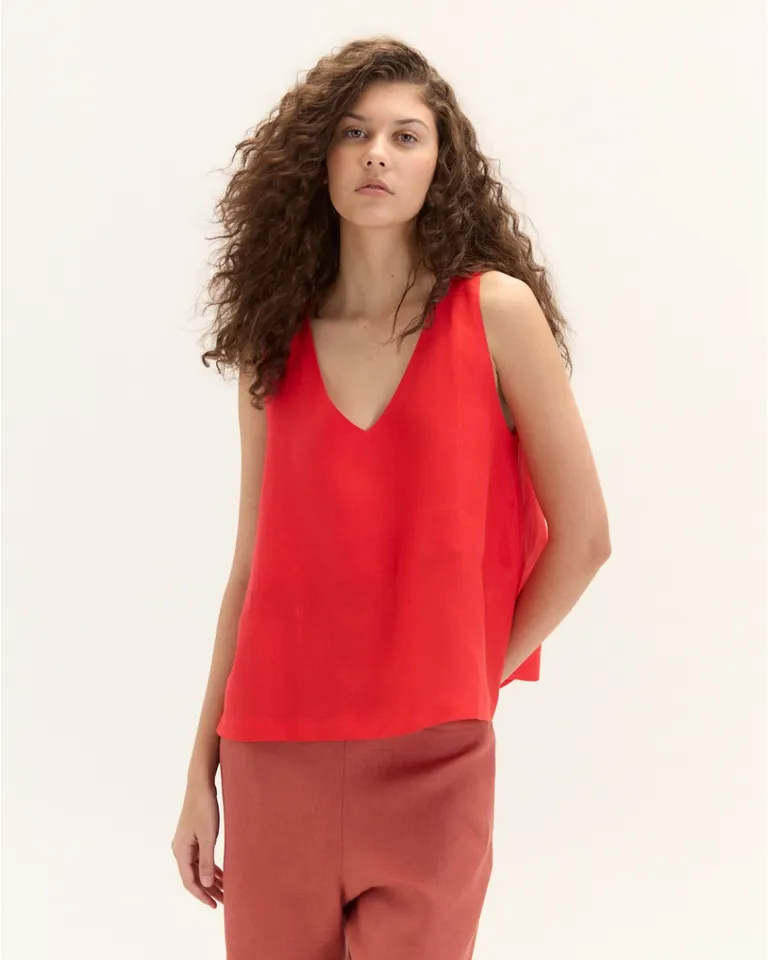 Suéter de lino de corte evasé con escote en V y breteles anchos de Blue Sheep en Tops para argentina